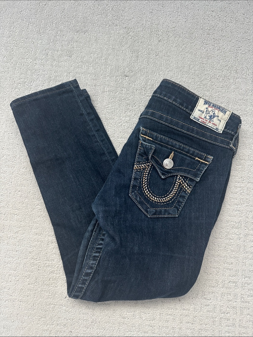 True Religion Women's Dark Blue Skinny Jeans with Signature Pocket